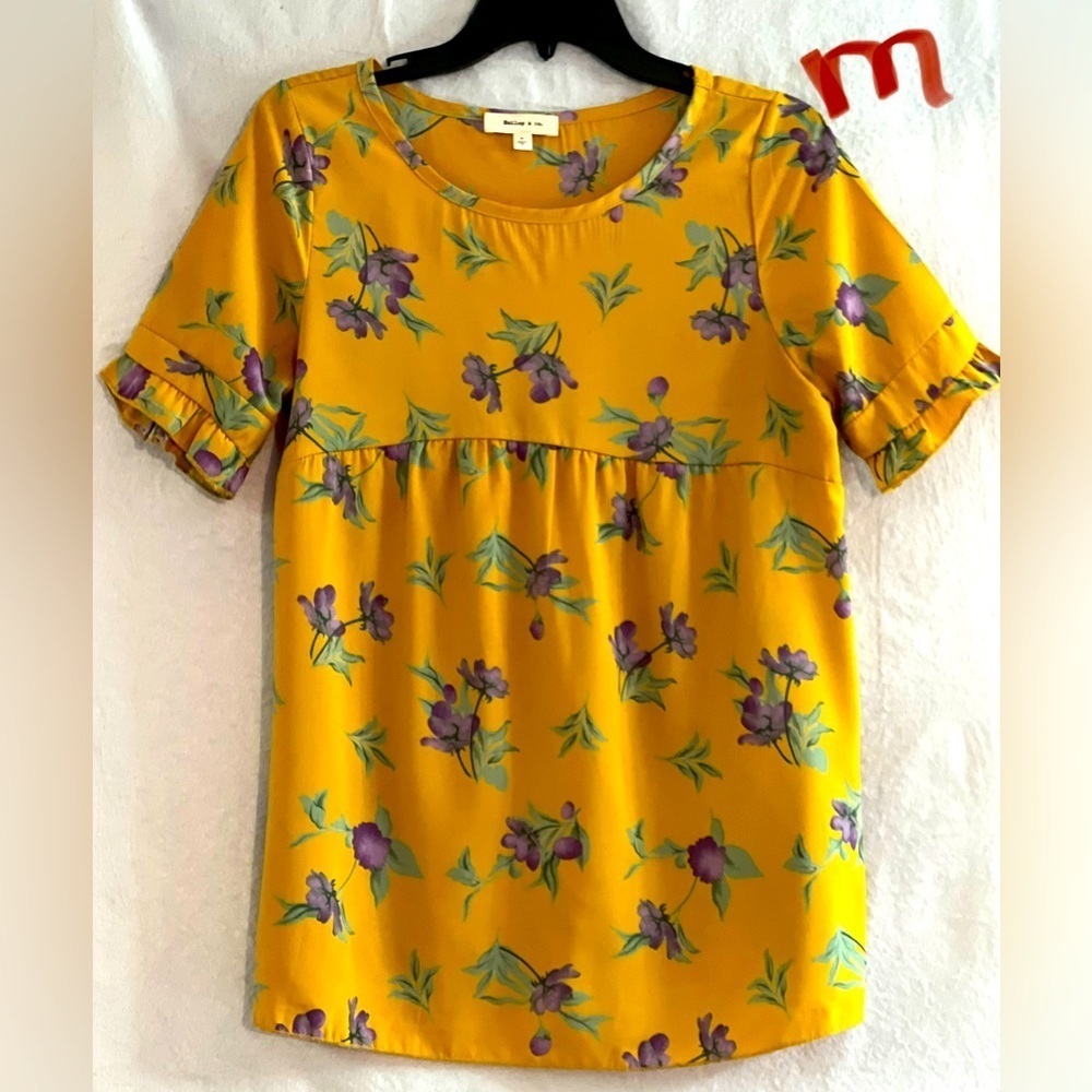 LADIES MUSTARD COLORED TOP WITH BLUE & PURPLE FLOWERS